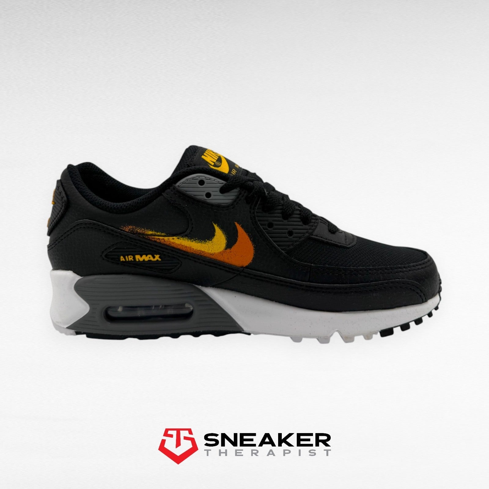 Nike Air Max 90 'Spray Paint Swoosh - Black Gold Orange' FJ4229-001 38.5 & 39